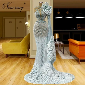 2022 Luxusní Krystaly Korálkové Večerní Šaty Abendkleider Mořská Panna Dlouhé Rukávy Party Šaty Pro Ples Přizpůsobit Dubaj Celebrity