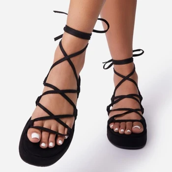 2022 Nové Sexy Solid Color Krajka-Up Dámské Boty Open Toe Letní Sandály Módní Nízkém Podpatku Venkovní Ležérní Plus Velikost Ženy Boty