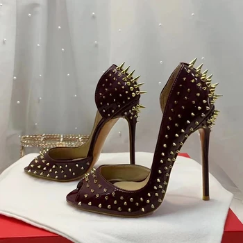 2022 Nový Nýt Víno Červené Fishbill vysoké podpatky Boty Špičaté jehlové podpatky Svatební party boty Čerpadla pro ženy Luxusní boty