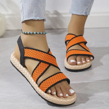 2024 letní dámské sandály plná barva elastická tkanina open toe dámské slaměné ploché sandály cross popruh slip-na tlustou podrážkou pantofle