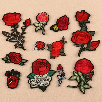 2KS Retro Populární Ručně vyráběné Patch Samolepky Červené růže DIY Výšivky Odznak Látkové Nálepky Iron patch Oblečení Šicí Příslušenství