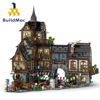 BuildMoc Středověké Centrum Města s Malý Přístav a Skladiště Stavební Bloky Nastavit Hračka, Děti, Narozeniny, Vánoční Dárky