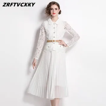 Bílé Krajkové Šaty Pro Ženy Vintage 2023 Nový Single-breasted Háček Květina Duté Midi Šaty Dámské Luxusní Design Elegantní Vestido