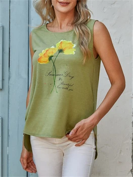Charmingtrend T-Shirt Ženy Letní Tričko O-Krk Tisk Bez Rukávů Topy Dámské Volné Dlouhý Svetr Ženské Oblečení