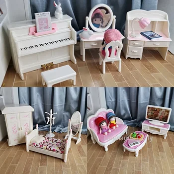Domeček pro panenky Mini Ložnice, Obývací Pokoj Pohovka psací Stůl Židle Set pro OB11 Nábytek Panenka Dům Miniaturní Model Příslušenství