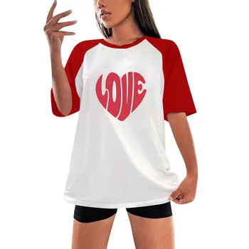 Dámská Ležérní Volné Kování Valentýna Tištěné T-Košile Kolem Krku Pulovr Krátký Rukáv Top Kongescí Oficiálního Obchodu korejské