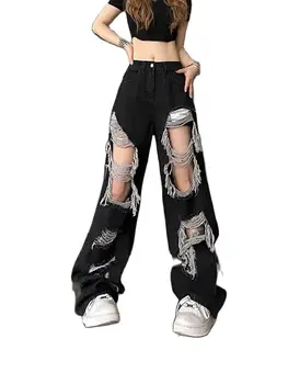 Dámské Retro Street Oblečení Design Retro Black Y2K Pikantní Dívka Vysokým Pasem Hraně Rozbité Díry Volné a Slim Straight le