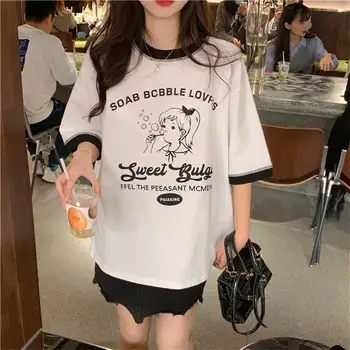 Dámské trička Topy Japonské Kawaii Ulzzang Retro Kreslený Dopis Tisk Volné Tričko Ženy Korean Harajuku Oblečení Pro Ženy