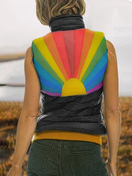Fashion Rainbow Límec Bunda Vesta Ženy Polstrovaná Puffer Bunda Bez Rukávů Zimní Teplé Kabáty Kapsy Na Zip Svrchní Oděv 2023
