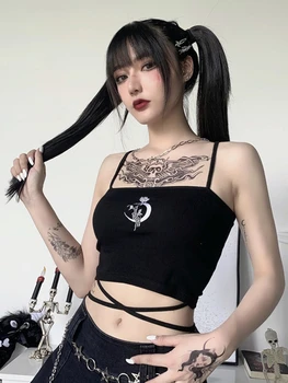 Goth Temné Gothic Moon Camis Punk Černá Obvaz Rose Grafické Výšivky Ženy Crop Topy S Hlubokým Výstřihem Bez Rukávů Letní Bodycon Top