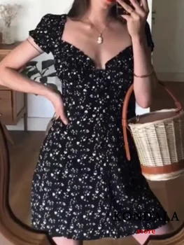 KONDALA Elegantní Tmavý Tisk Květinové Vintage Ženy Mini Šaty Módní v Létě roku 2023 Linie Slim s Krátkým Rukávem bez Ramínek Party Vestido