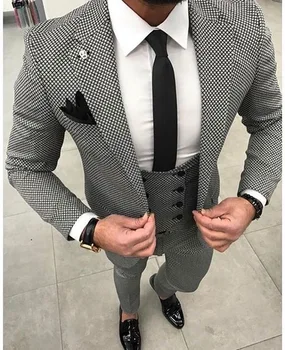 Kostým Homme Černé Bílé Kostkované Mládenci Smokingu Muži Oblek Nejlepší Cenu Pánské Svatební Obleky Terno Masculino( Sako+Kalhoty+Vesta+Kravata)
