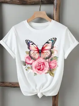 Květina 90. let, Květinové Styl Trend Ženy Lady Trička Tištěné Módní Ležérní Tričko s Krátkým Rukávem Graphic T Top Oblečení Tisk T-Shirt