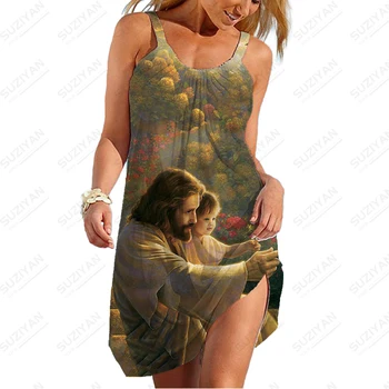 Letní nové dámské podvazkové šaty Ježíš 3D tištěné lady košilka šaty módní trend a ležérní volné dámy podvazkové šaty