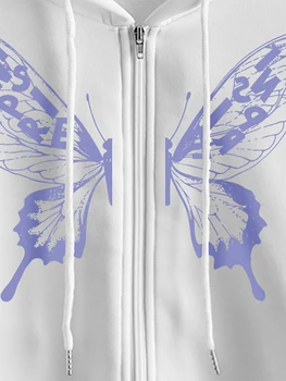 Louatui Ženy Zip Mikina Ležérní Kabát s Kapucí s Dlouhým Rukávem Butterfly Print Mikina s 2 Kapsami Podzimní Bundy