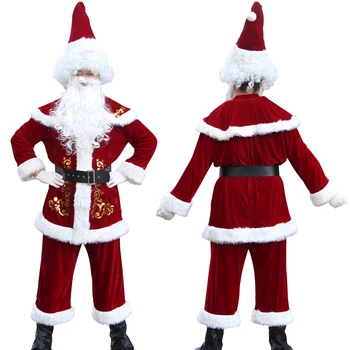 Luxusní Samet Ozdobný 10ks Set Xmas Party Muž, Děti, Rodina Kostým Vánoční Santa Claus Oblek pro Dospělé Vánoční Cosplay Kostým