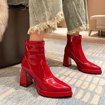 módní patent kožené kotníkové boty pro ženy, klasické černé červené boční zip ženy, boty podzim zima bojové činnosti biker jezdecké boty