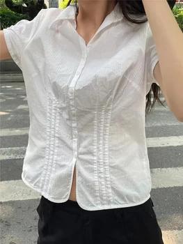 Módní Sladké Slim Krátký Rukáv Odpališť Ženy Bílé Ležérní Streetwear Single-breasted T-košile Vintage Elegantní Y2K Roztomilé Topy Oblečení