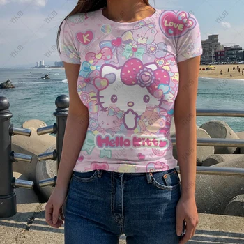 NOVÉ 2024 Women ' s t-shirt Ležérní Harajuku Hello Kitty Print dámské roztomilé tričko femme letní ženy t košile Plus Velikosti XS-3XL Top