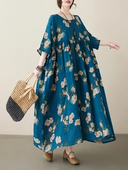 NYFS 2023 Nové Letní Vintage Ženy Šaty Vestidos Plášť Ete Femme Elbise Volné Krátký Rukáv Tisk Dlouhé Šaty