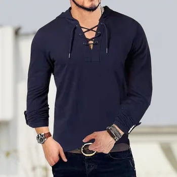 Pánská Ležérní V-neck s Dlouhým rukávem s Kapucí Polo Shirt Módní Výstřih Top Tether Volné a Pohodlné Plus Velikost Muži Oblečení
