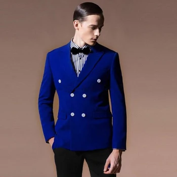 Pánské Obleky 2 Ks Royal Blue Double Breasted Sako Černé Kalhoty Obchodní Svatební Obleky na Ples Ženicha Kostýmy Sako+Kalhoty