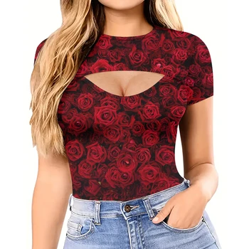 Rose Tištěné T Košile pro Ženy O Krk vydlabat Design Krátký Rukáv Tee Letní Sexy Ženy T-Shirt Módní Trendy Oblečení Nové