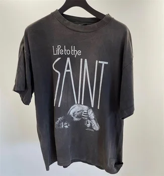 Saint Michael Krátký Rukáv Tričko Vintage Washed Tiskacím Písmem Logo Vysoce Kvalitní 1:1 Pánské Volné Saint Michael T-Shirt Topy