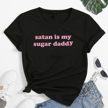Satan Je Můj Táta Cukru Tisk Vánoční T-košile Ženy Letní 2023 Žena Trička Módní Krátký Rukáv Harajuku Topy pro Mládež