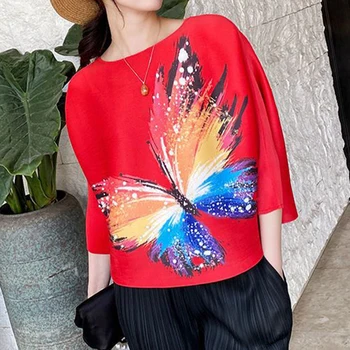 Skládaný top dámské krátký rukáv 2023 léto skládaný loose fit velký kulatý výstřih tištěné t-shirt harajuku