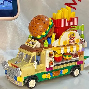 Street View Jídelní Vůz Mini Stavební Bloky Diy Montáž Cihly Hračky Kawaii Food Truck Občerstvení, Obchod pro Děti, Dívky