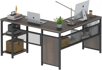 Tvarované Počítač, psací Stůl, Průmyslové Domácí Kancelářský Stůl s Policemi, Rustikální Dřevo a Kovové Rohové psací Stůl (Ořech Hnědá, 59 Palců)