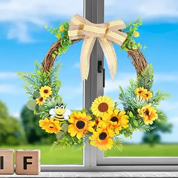 Umělé Slunečnice Věnec Květina Věnec s Žluté Slunečnice a Zelené Listy pro Přední Dveře Vnitřní i Venkovní Zeď Svatba