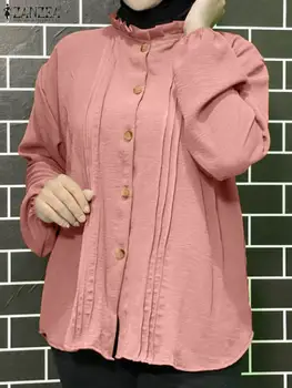 ZANZEA Móda Plná Barva Muslimské Halenka Vintage Skládaný Design Shirt Ženy Ležérní Ramadánu Chemise Elegantní Party Tuniky Topy