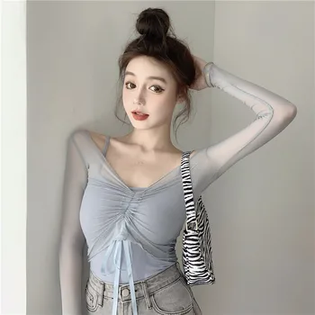 Šňůrky Mesh Elegantní Retro Líný T-shirt Ženy T-košile Topy Japonské Kawaii Ulzzang Ženské Korean Harajuku Oblečení Pro Ženy