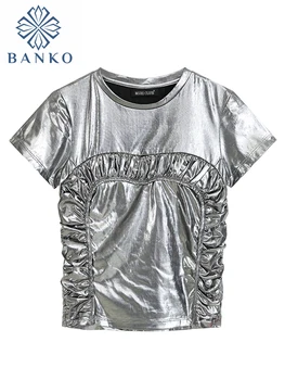 Ženy Laser Silver O-Neck T-shirt Harajuku korejské Y2k Tee Top Vintage Streetwear Legrační Hip Hop Krátký Rukáv T Shirt Letní Top