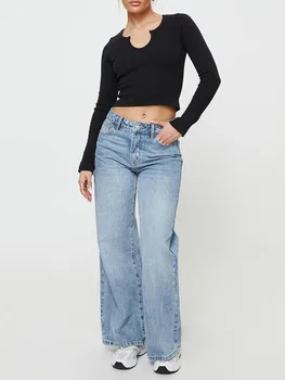 Ženy, Žebrované Slim Fit T Košile Jaro Podzim 90. let Ležérní Dlouhý Rukáv jednobarevné Crop Topy Streetwear