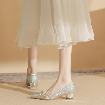 Odnímatelné Crystal Květinové Dámské 2023 nové specializované high-grade svatební boty s tlustými podpatky Svatební Boty 4553